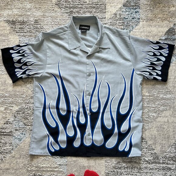 Vintage No Boundaries Blue Flames Button Up Shirt Black Mens Large L Y2K 90s - Picture 1 of 8